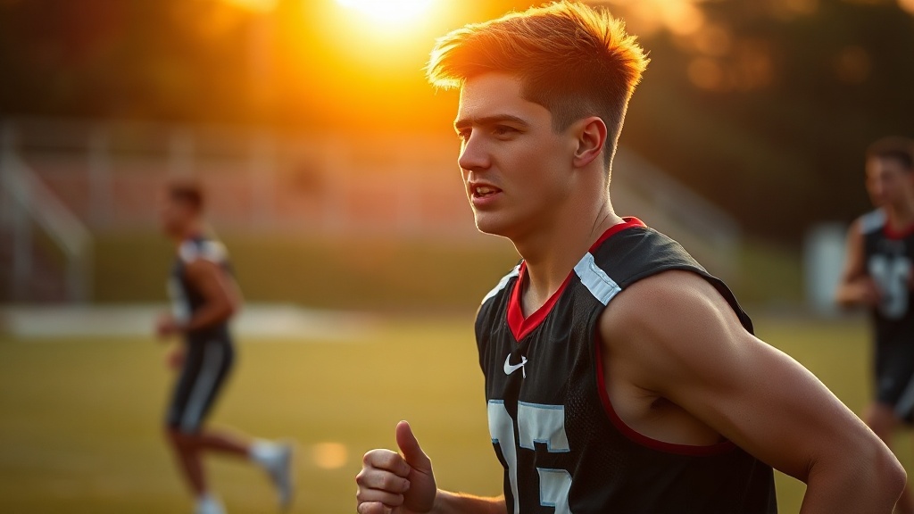 Determined young student athlete training on a field
